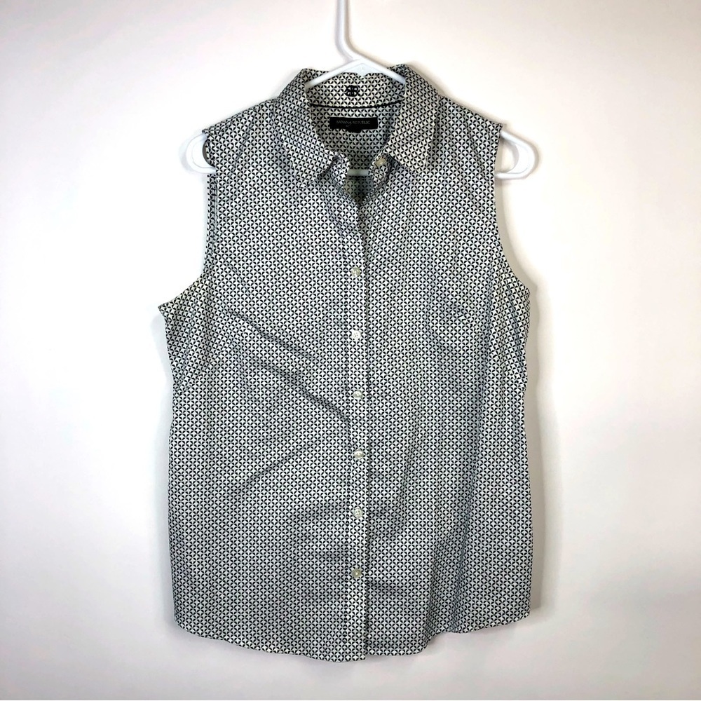 Banana Republic black white fitted non iron sleeveless button blouse 14